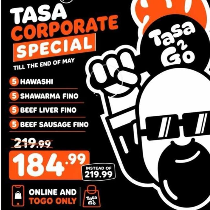 Tasa Corporate Special advertisement with a stylized character and discounted food items.